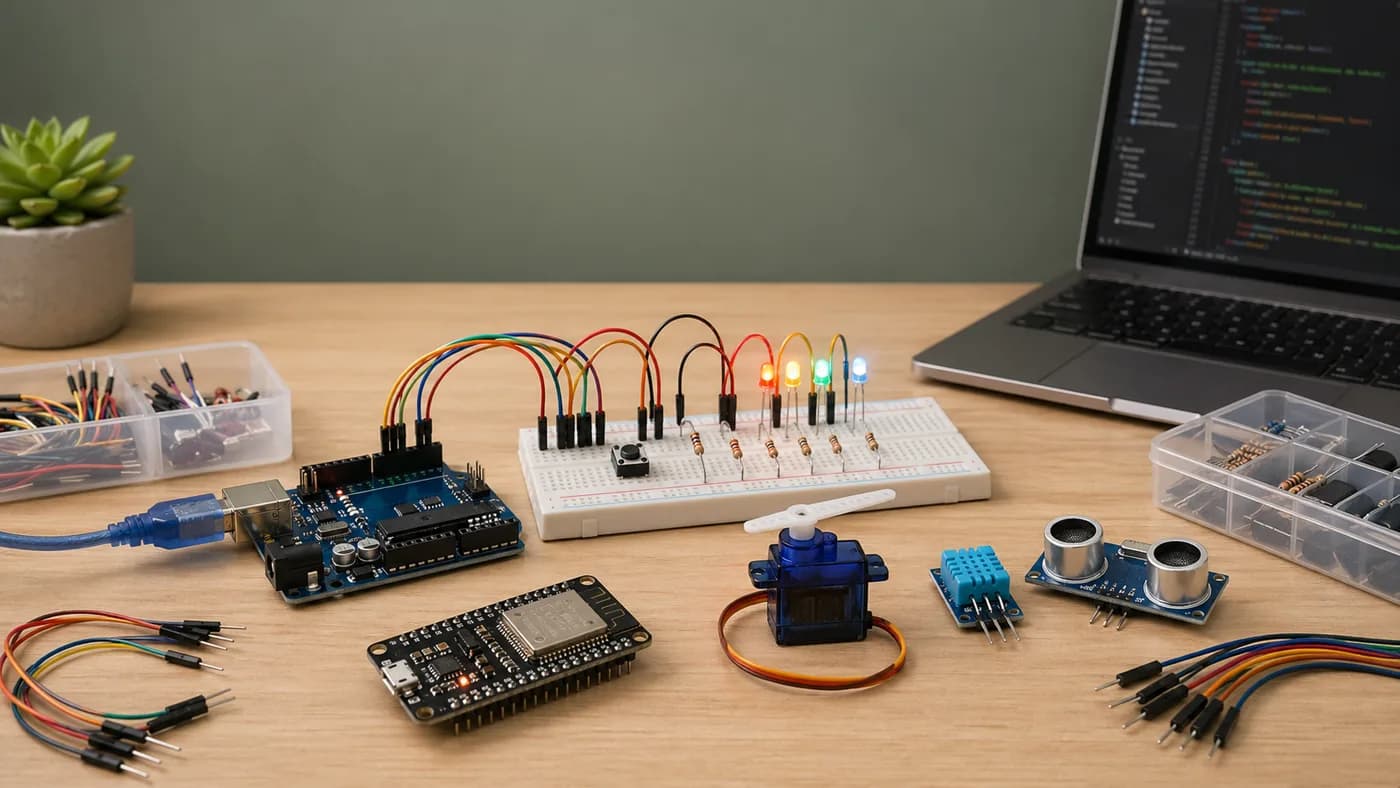 Arduino Maker workbench with Arduino compatible boards, breadboard wiring, LEDs, sensors, servo, and code