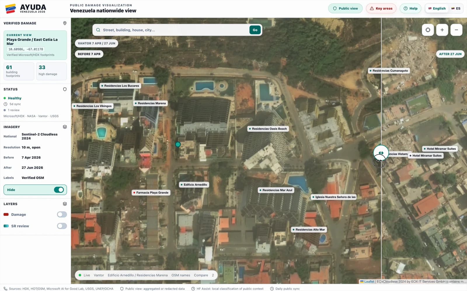 Ayuda Venezuela 2026 before and after satellite comparison over Catia La Mar