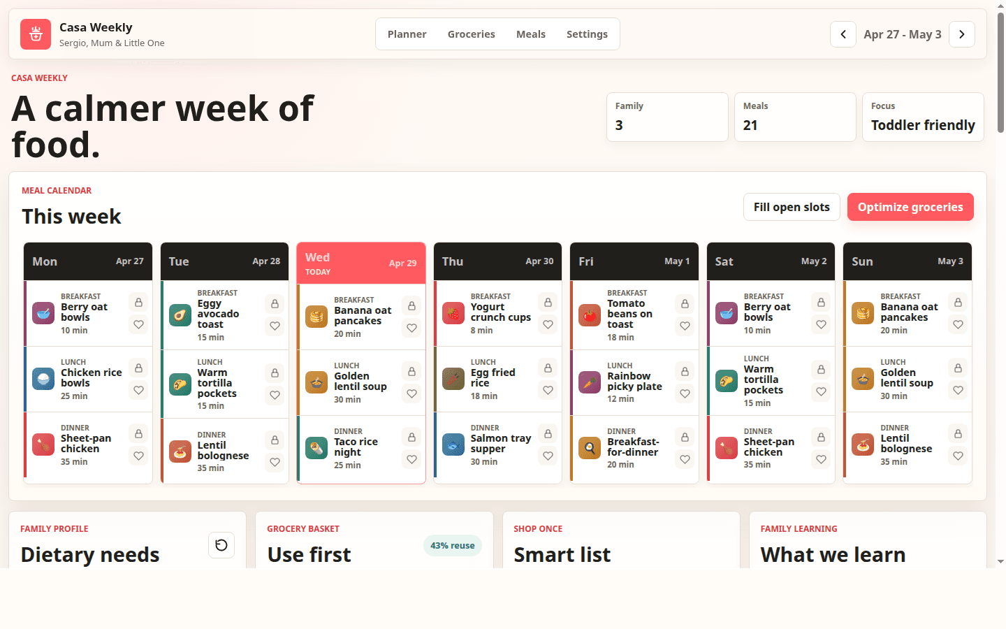 Casa Weekly family meal planner calendar