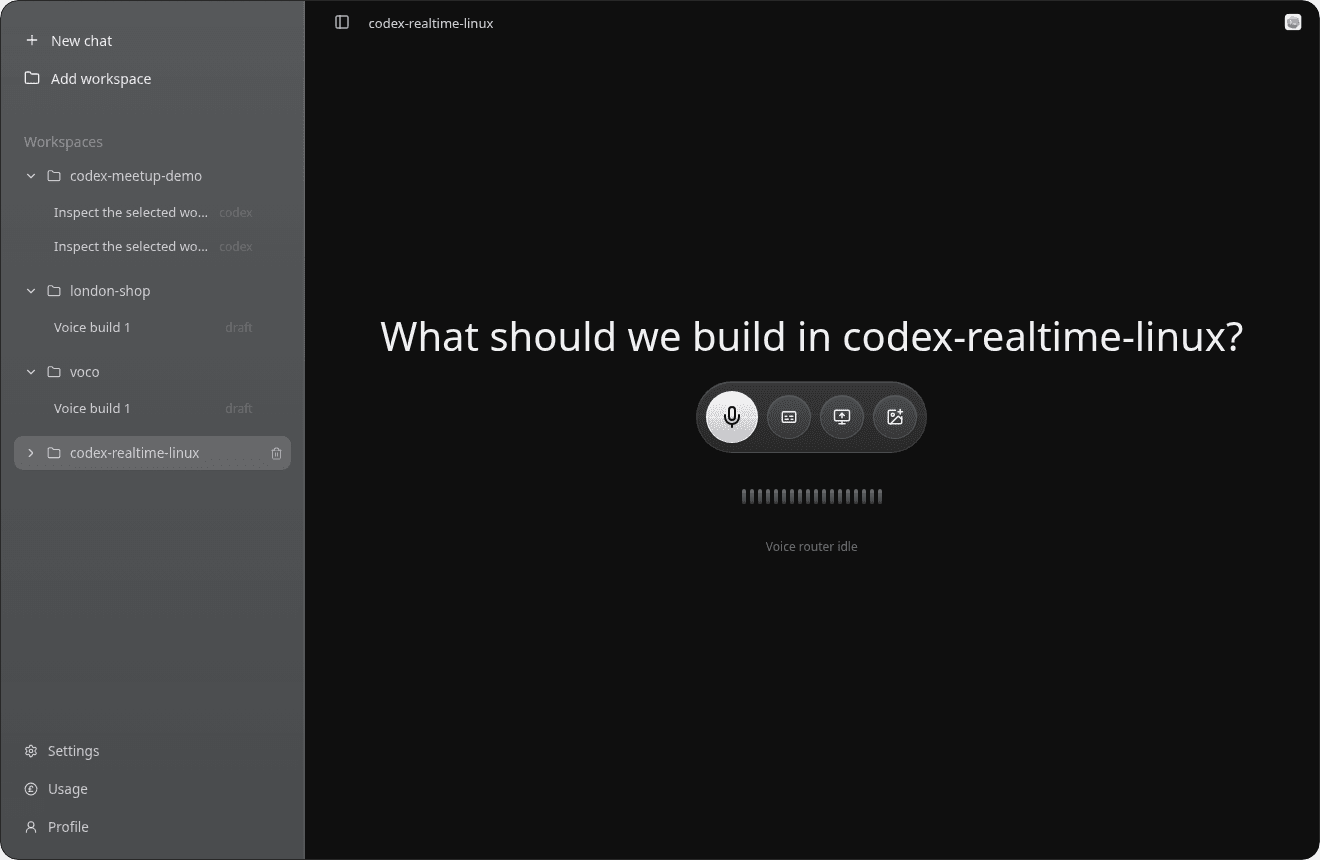 Codex Realtime Linux desktop app voice workspace