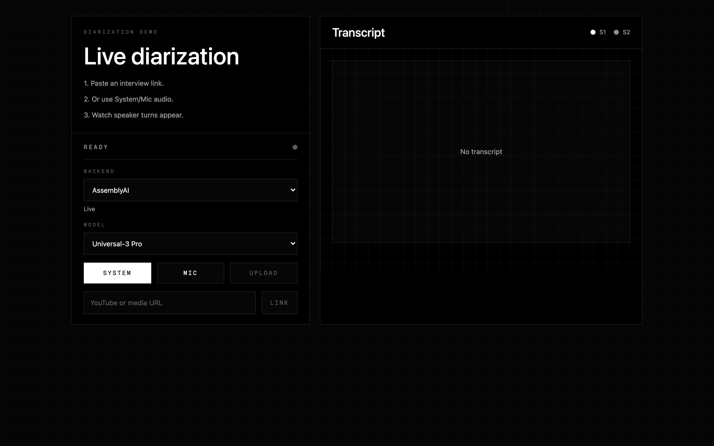 Latest Diarization Demo production interface with live audio controls and a speaker separated transcript surface