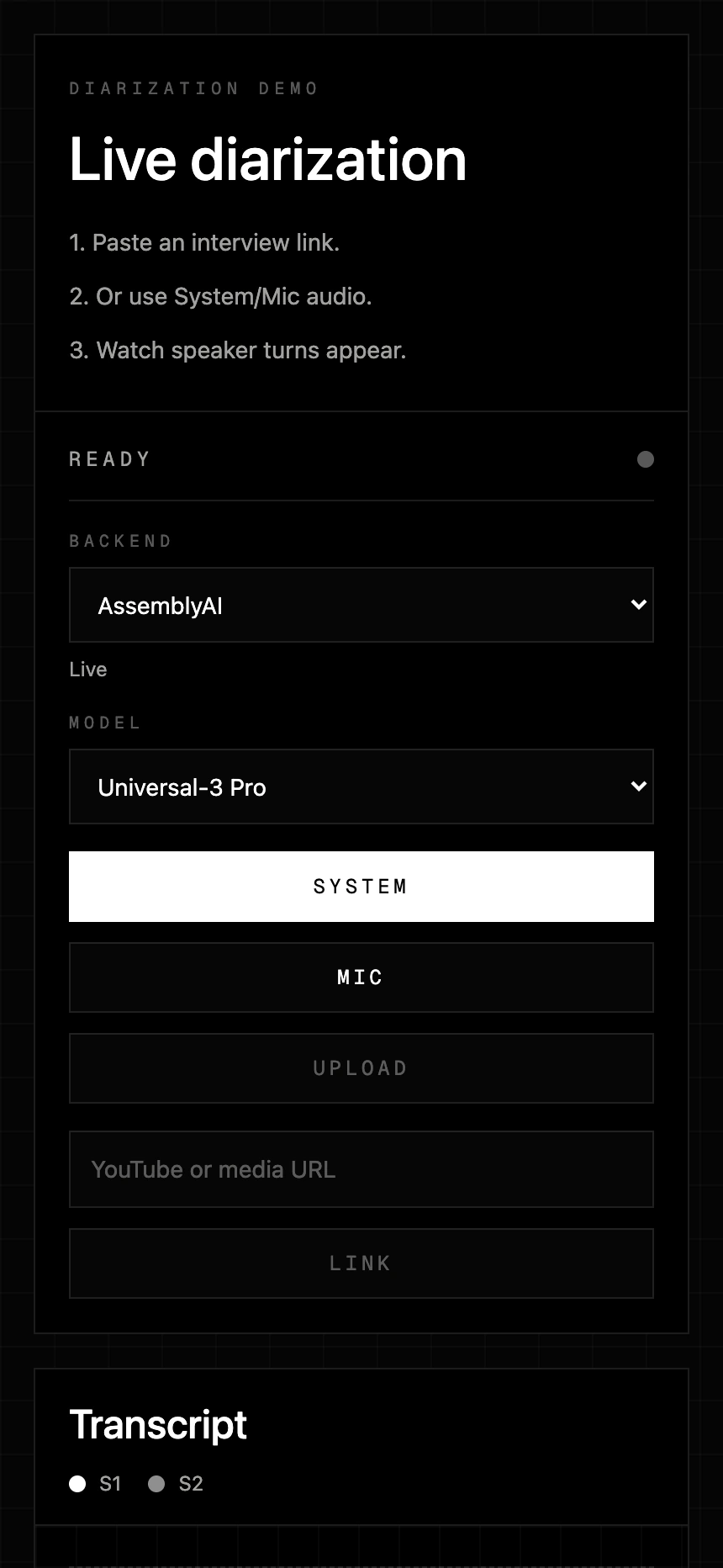 Latest Diarization Demo mobile production interface