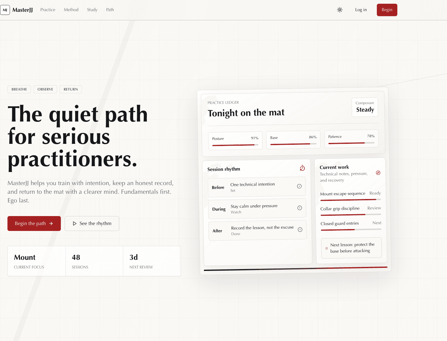 Master JJ landing page with BJJ platform messaging and feature cards