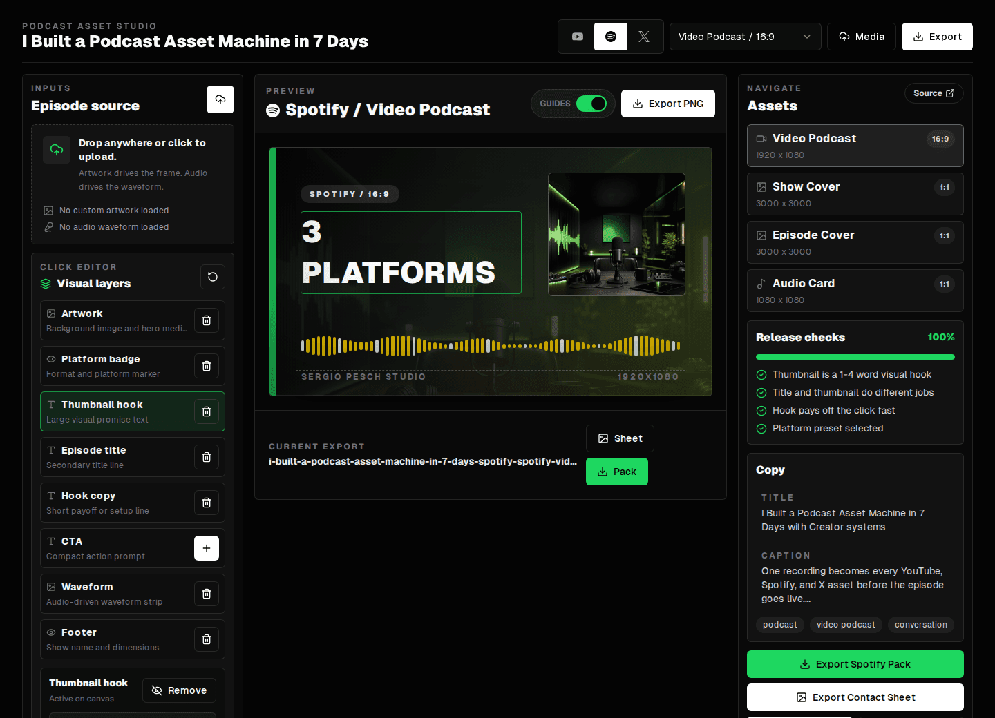 Podcast Asset Studio interface showing Spotify video podcast asset preview