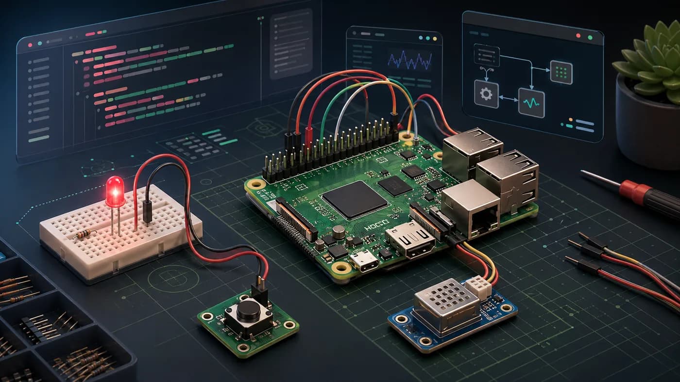 Raspberry Pi Maker workbench with GPIO wiring, sensors, and code panels