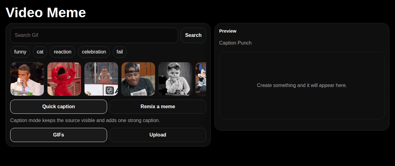 Video Meme editor screen with GIF search and preview panel